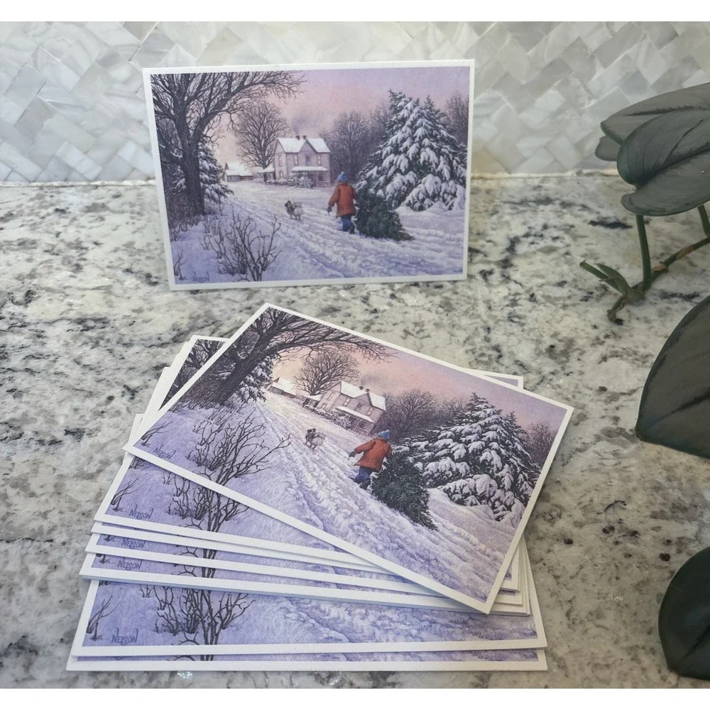 10 NOS Vintage Christmas Card Tree on a Winter Day‎ Hallmark Snow Happy Holiday